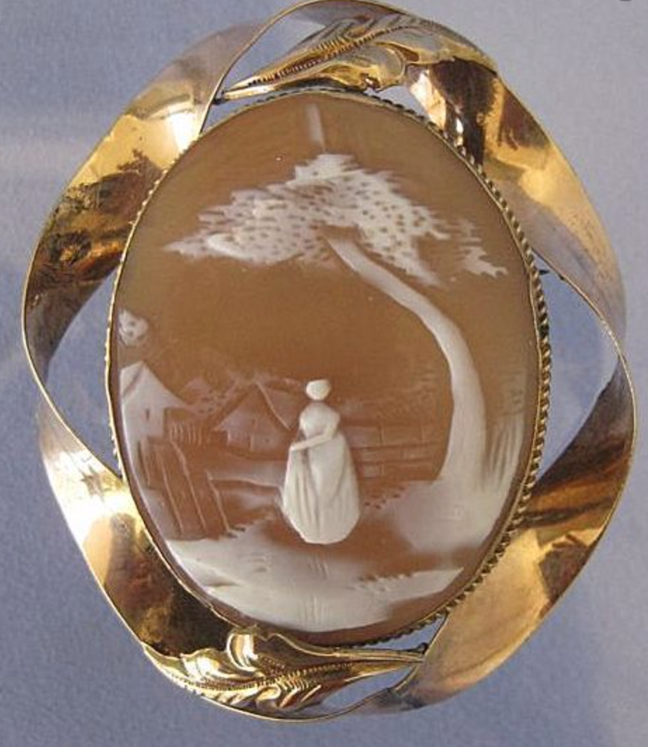 Antique Lady's Shell Cameo Brooch/Pendant-Village Street Scene