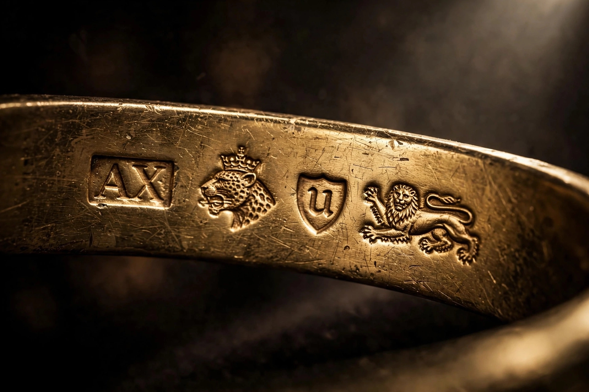 Close-up of 1929 London hallmarks on Asprey & Co 22ct gold bangle: AX maker mark, crowned leopard head, date letter u, lion passant
