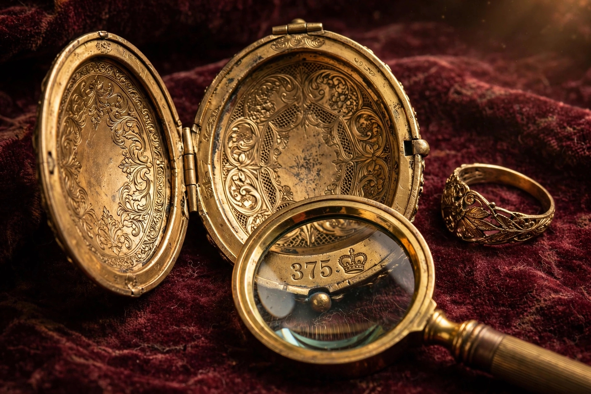 Victorian antique 9ct gold filigree locket open on burgundy velvet with magnifying glass highlighting 375 hallmark and crown mark, plus ornate antique gold ring - Invest in Gold Antique Jewelry Art Value Gold`